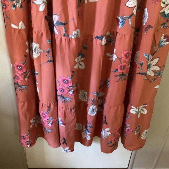 BloomChic Dark Peach Floral Tulip Sleeve Elastic Waist V~Neck Dress 28 - Picture 2 of 6